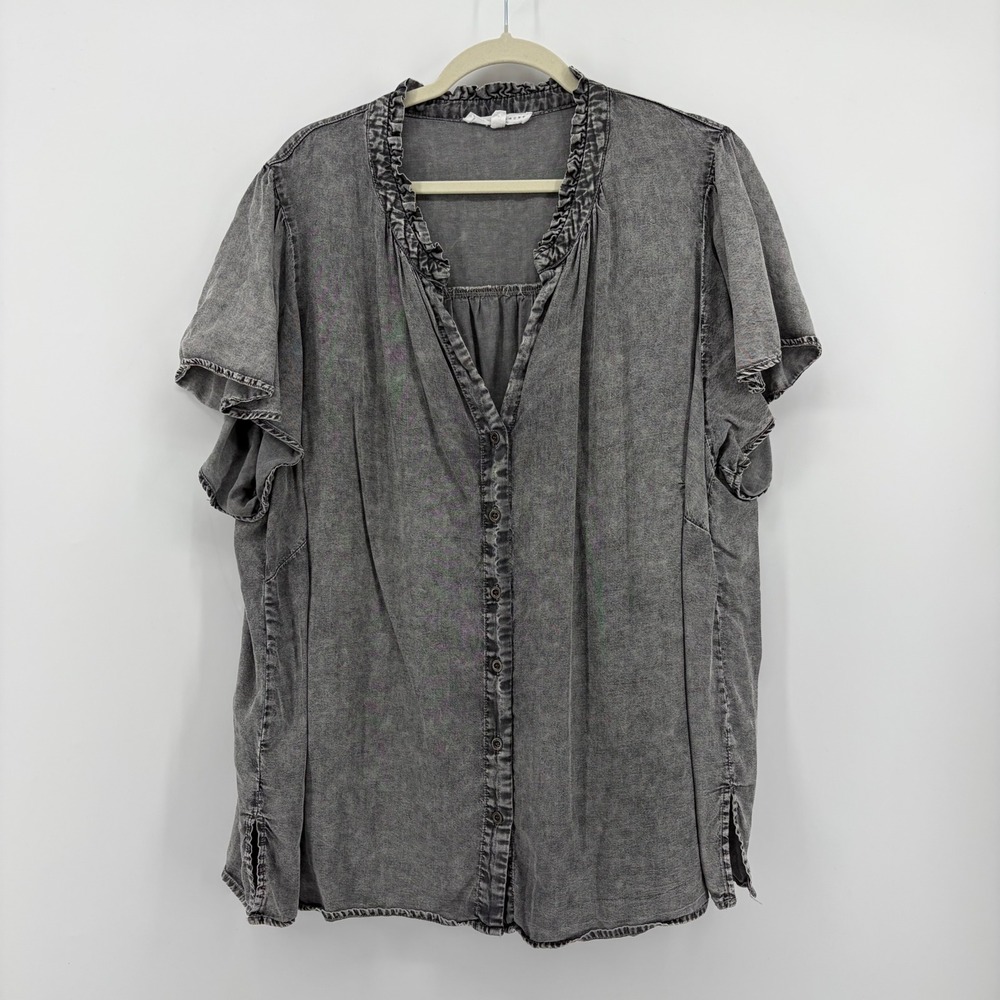 Jane + Delancey Women 3X Gray Button Down Ruffle Neck Lyocell Flutter Sleeve Top - Picture 1 of 6